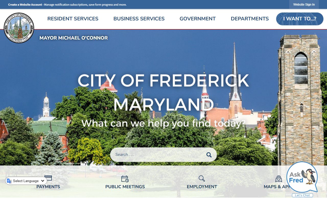 City of Frederick Maryland official website showing local government resources for divorce records