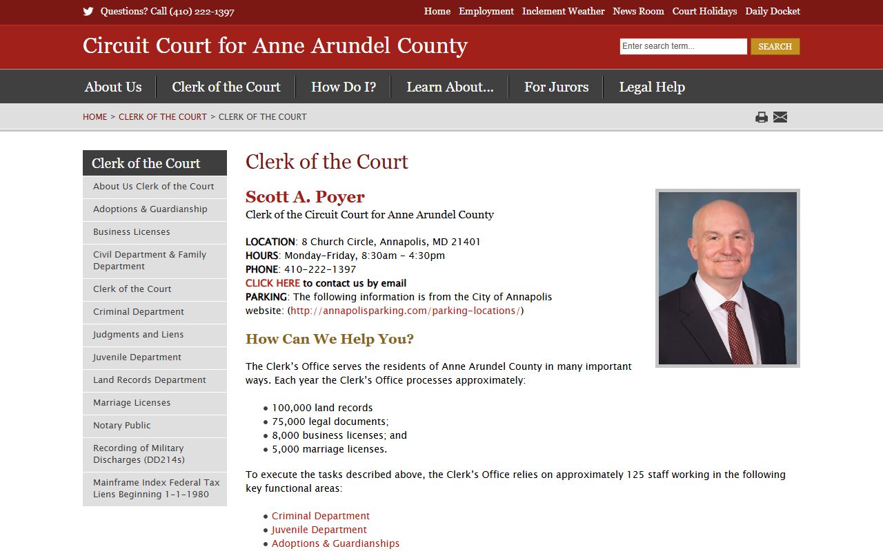 Anne Arundel County Circuit Court Clerk of Court page for divorce record requests