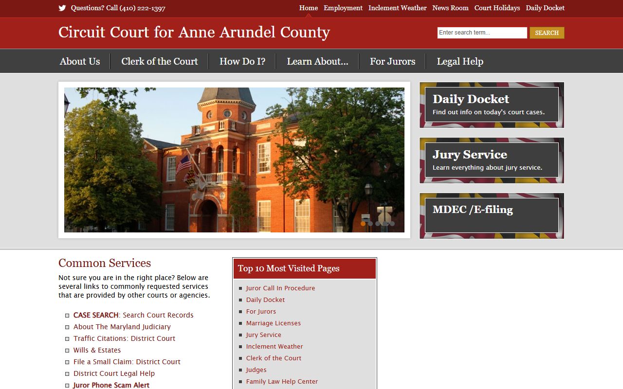 Anne Arundel County Circuit Court main page for divorce records in Annapolis Maryland
