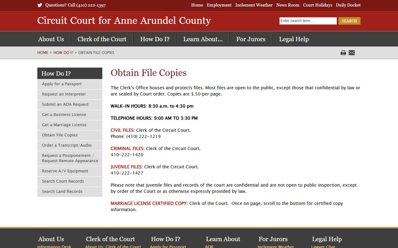 Anne Arundel County Circuit Court page for obtaining and filing copies of divorce records