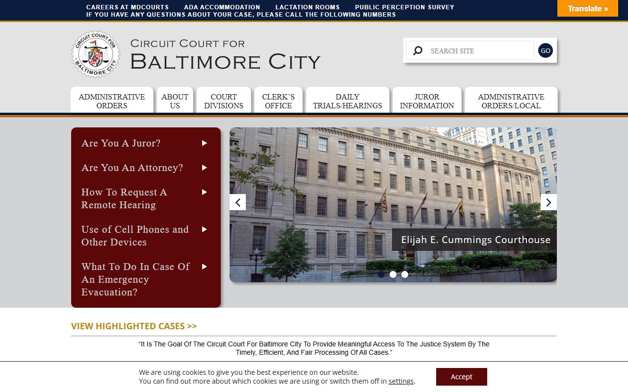 Baltimore City Circuit Court main website for divorce records in Baltimore Maryland