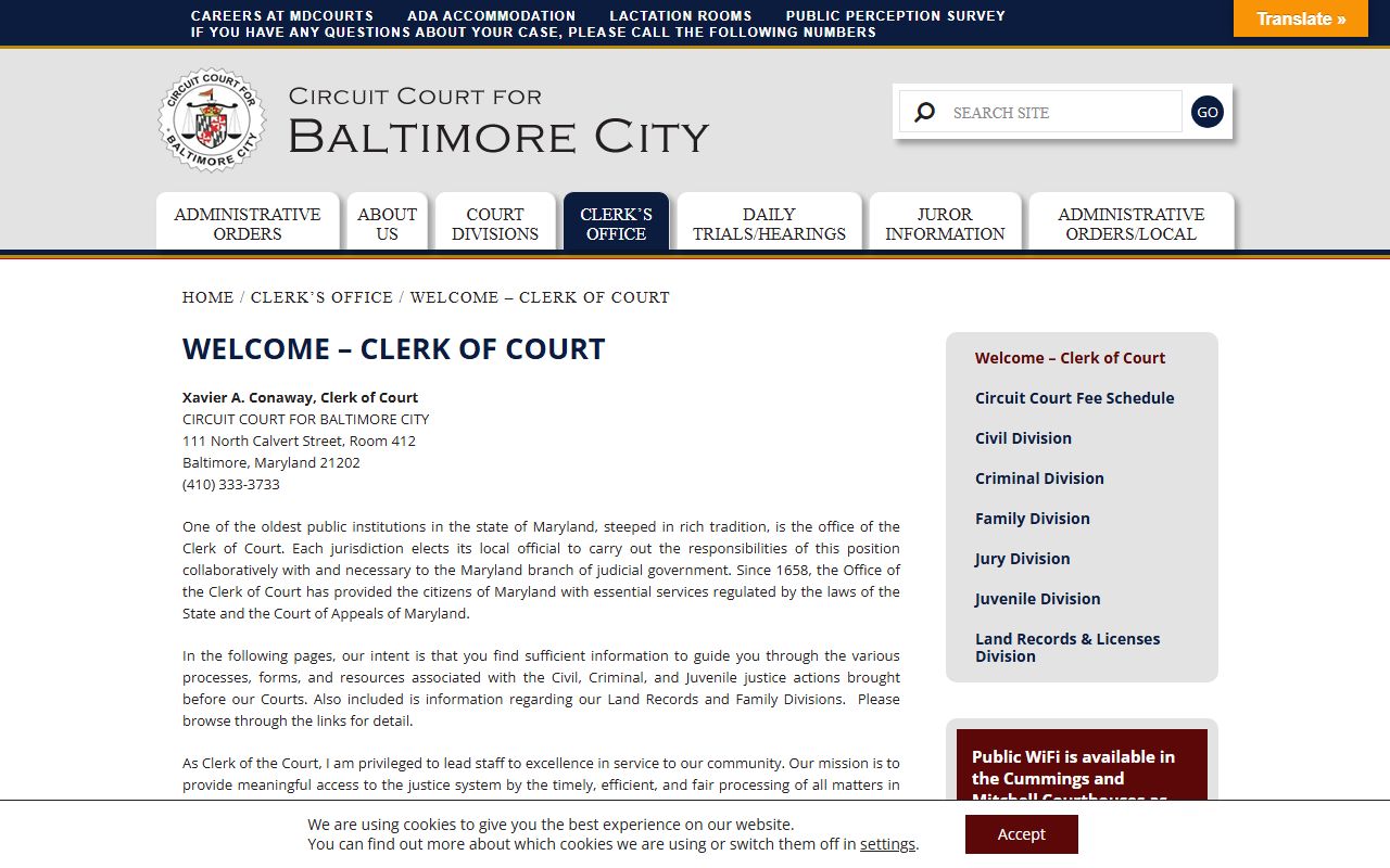 Baltimore City Circuit Court Clerk's Office page for obtaining divorce records