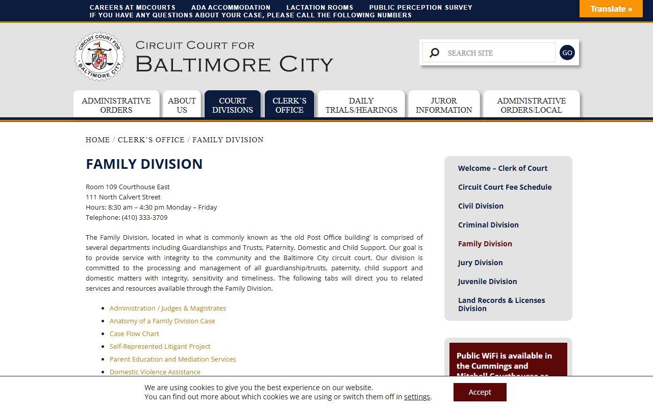 Baltimore City Circuit Court Family Division page for divorce cases and records