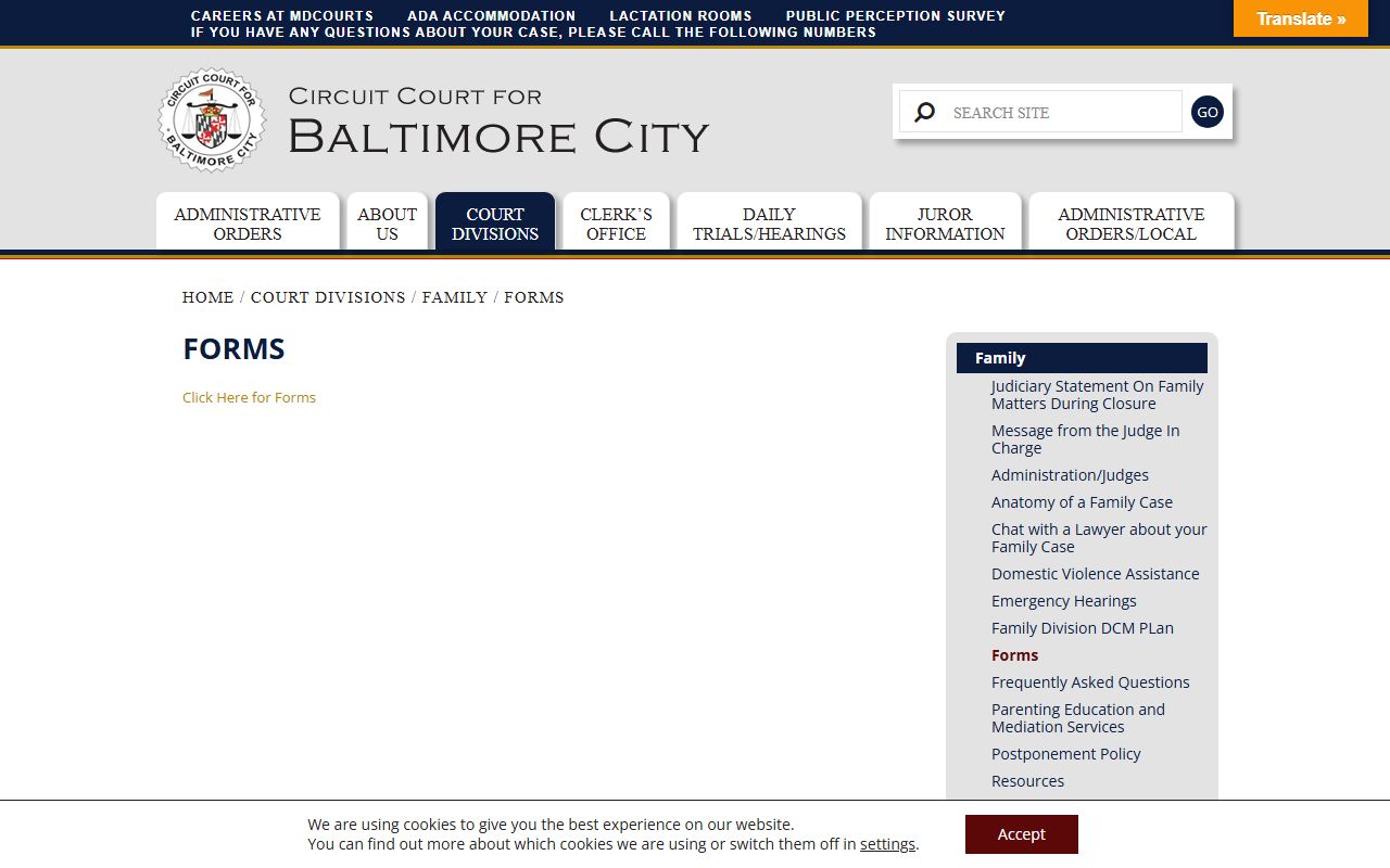 Baltimore City Family Division forms page for divorce filings and court documents