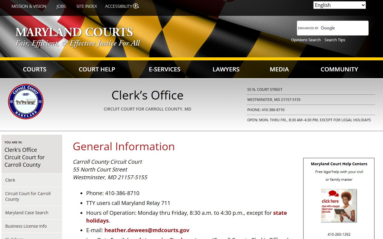 Carroll County Circuit Court general information for divorce record requests and procedures