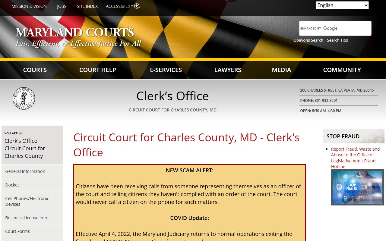 Charles County Circuit Court clerk's office page for divorce records in La Plata Maryland