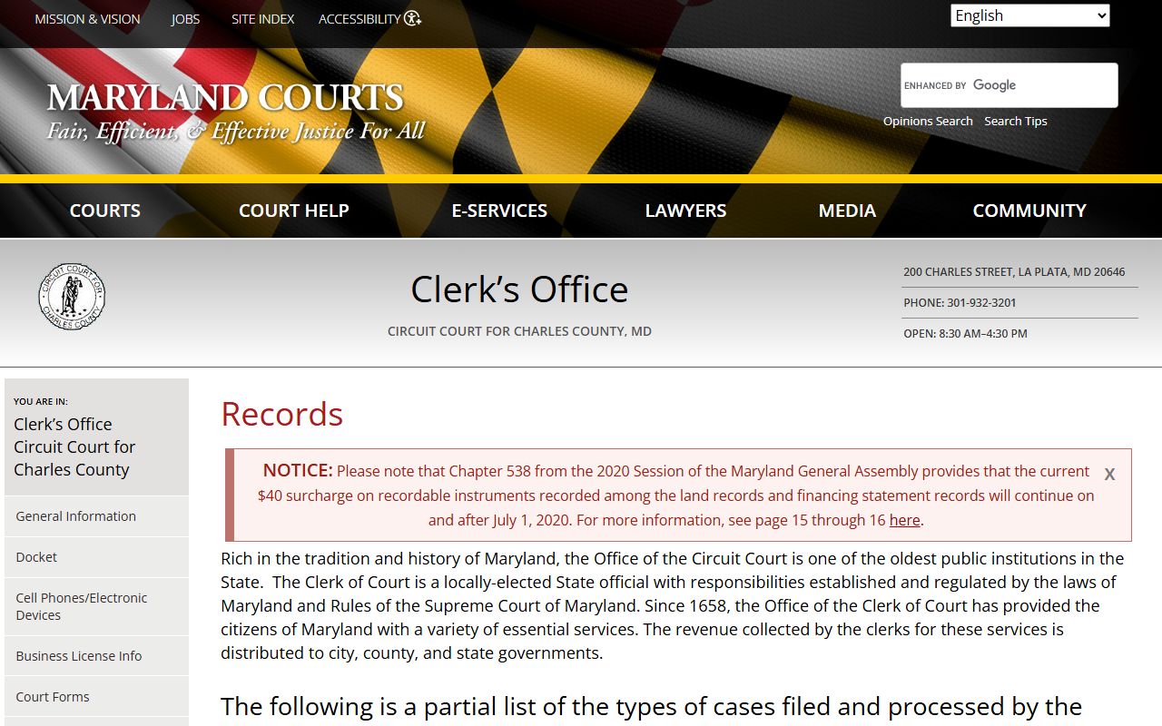 Charles County Circuit Court records page for accessing divorce case files and documents