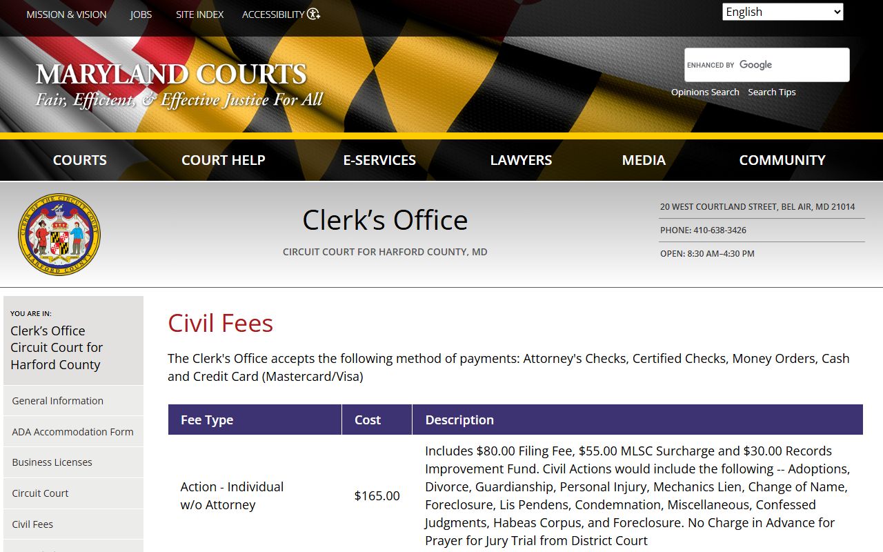 Harford County Circuit Court civil fees schedule for divorce records and filings