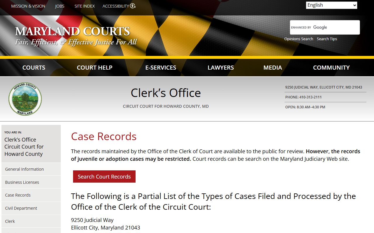 Howard County Circuit Court case records page for accessing divorce records in Ellicott City Maryland