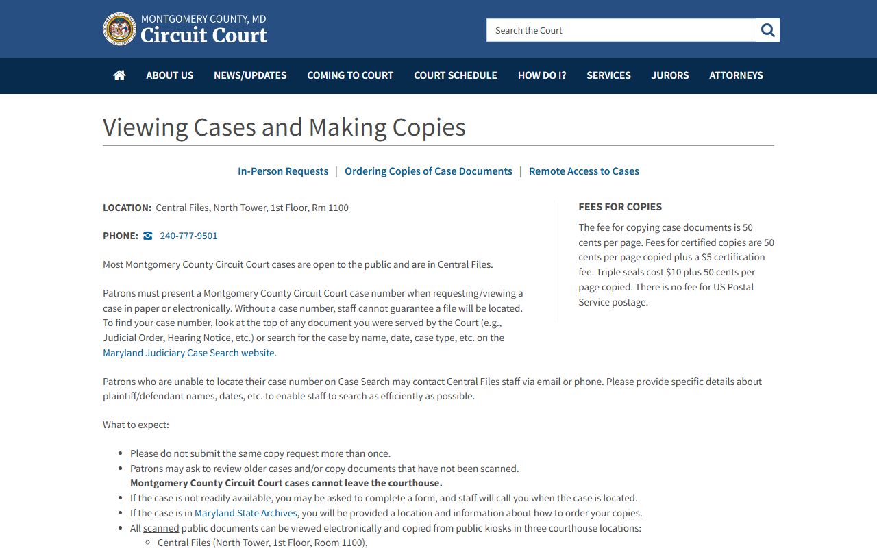 Montgomery County Circuit Court copying files and exhibits page for divorce records