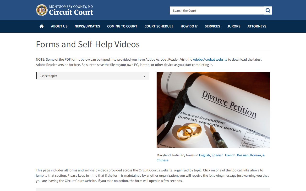 Montgomery County Circuit Court forms page for Maryland divorce records and filings