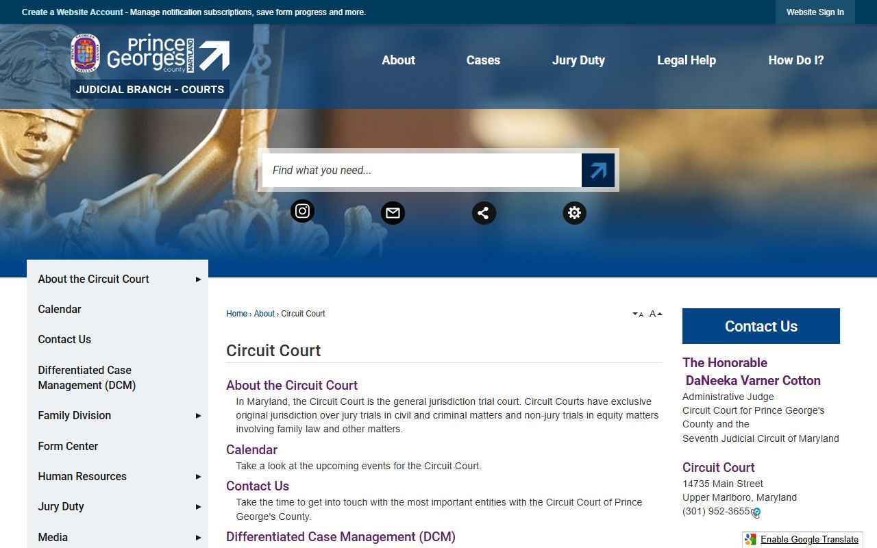 Prince George's Circuit Court page for divorce case records and filings