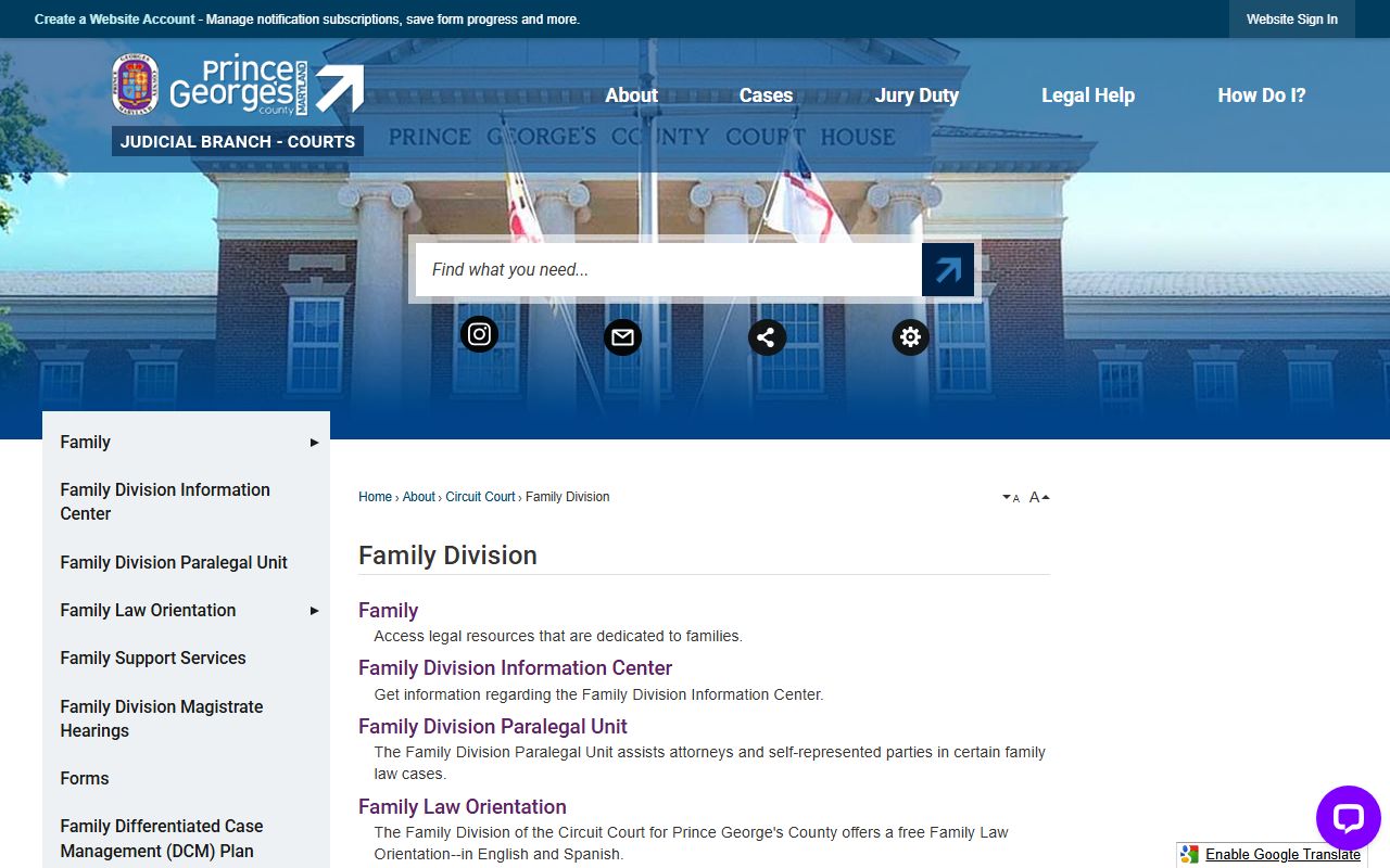 Prince George's County Family Division handling divorce records and domestic cases