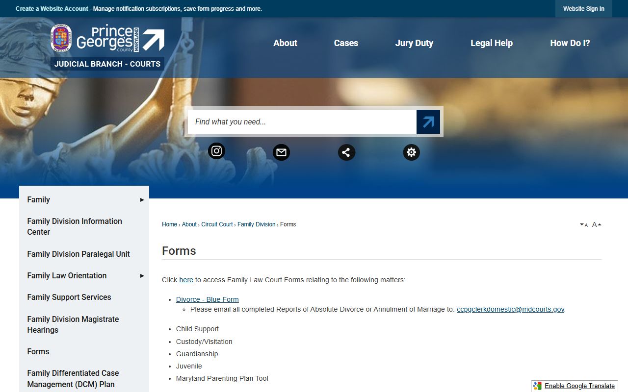 Prince George's County Circuit Court forms page for divorce filings and records