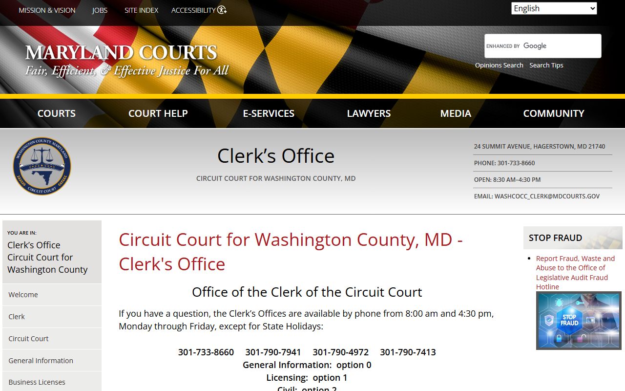 Washington County Circuit Court clerk's office page for divorce records in Hagerstown Maryland
