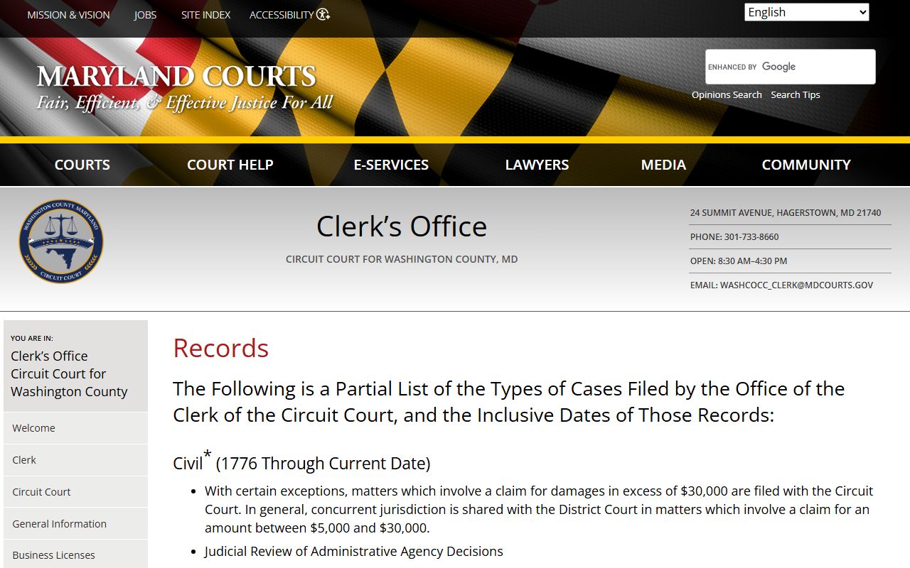 Washington County Circuit Court records page for accessing divorce case files and documents