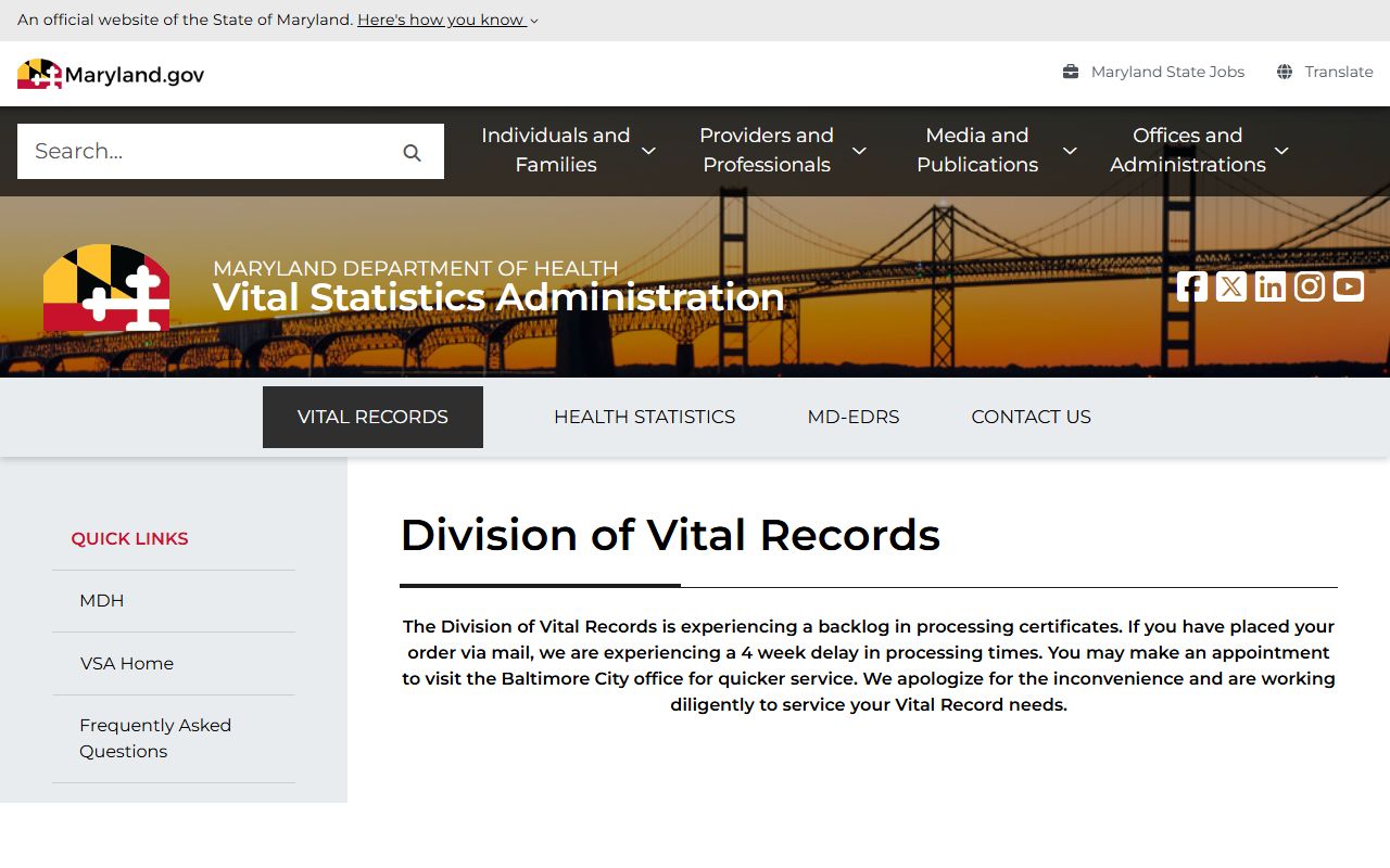 Maryland Division of Vital Records page for divorce verification certificates