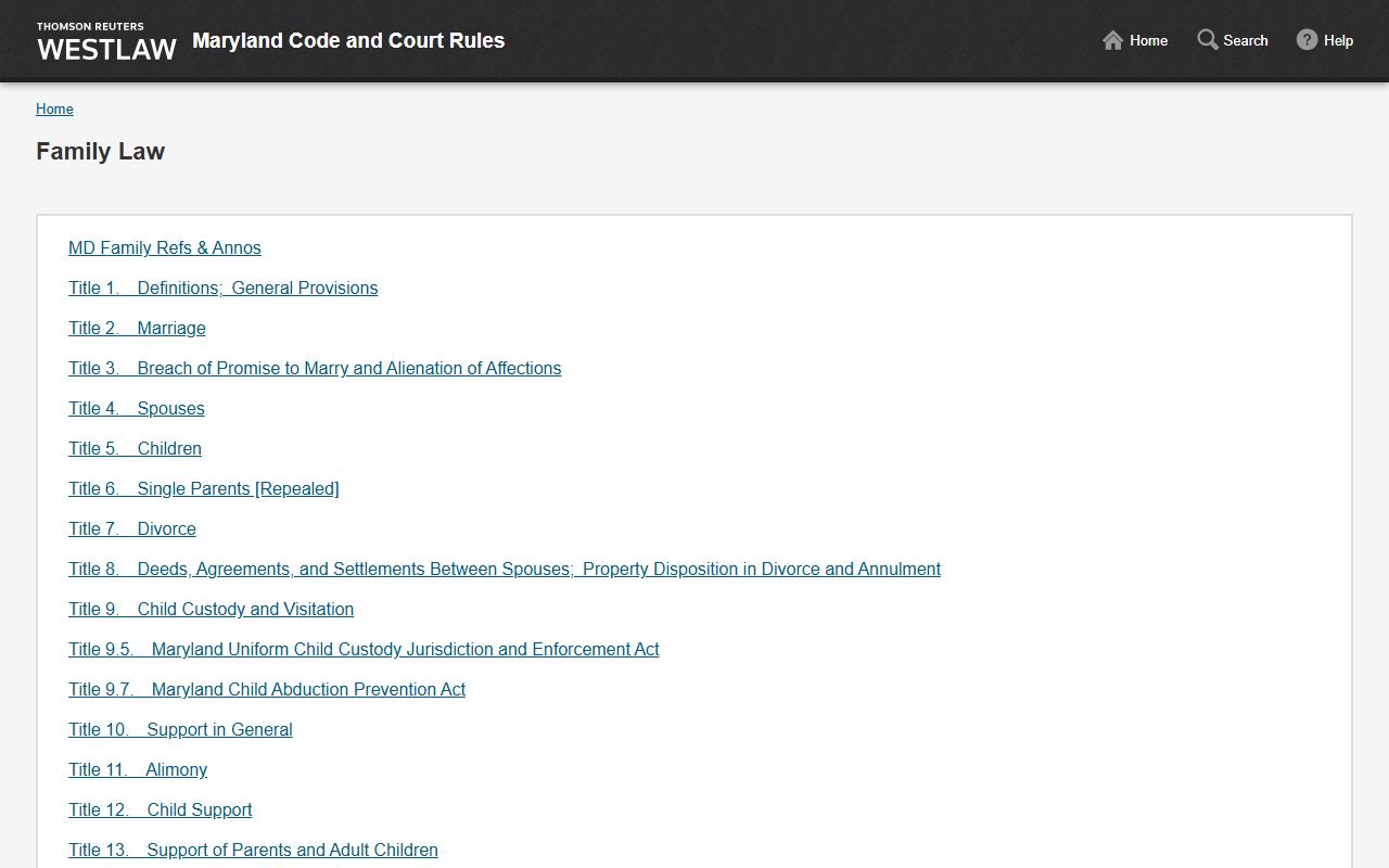 Maryland Family Law Title 7 statutes governing Maryland divorce records and grounds