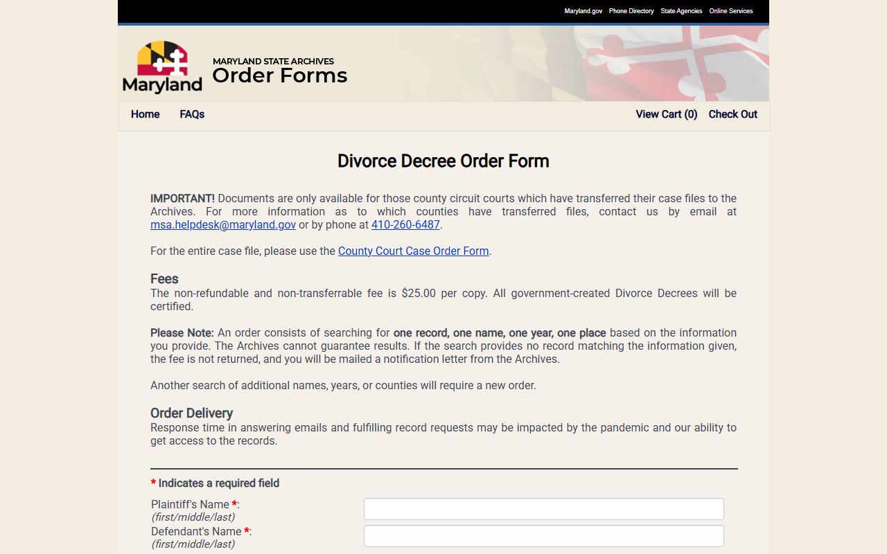 Maryland State Archives divorce records guide and online ordering page